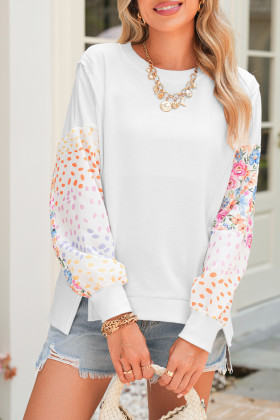 White Floral Dotted Print Patchwork Sleeve High Low Sweatshirt