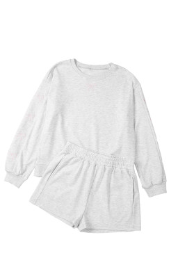 Light Grey Bow Embroidery Long Sleeve Pullover and High Waist Shorts Set