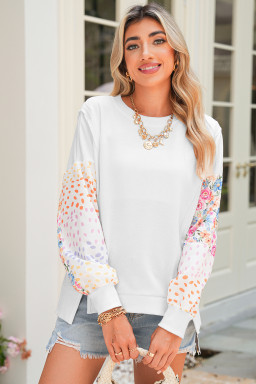 White Floral Dotted Print Patchwork Sleeve High Low Sweatshirt