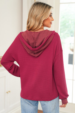 Racing Red Waffle Patchwork Drop Shoulder Hooded Long Sleeve Top