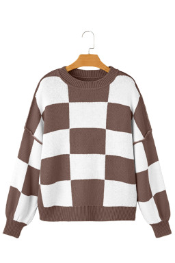 Dark Brown Plaid Bishop Sleeve Pullover Sweater