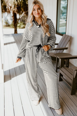 White Stripe Textured Collared Pullover Top and Drawstring Pants Set