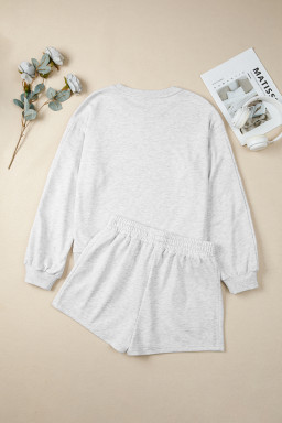 Light Grey Bow Embroidery Long Sleeve Pullover and High Waist Shorts Set