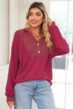 Racing Red Waffle Patchwork Drop Shoulder Hooded Long Sleeve Top