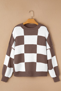 Dark Brown Plaid Bishop Sleeve Pullover Sweater