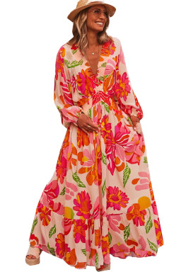 Beige Floral Print Shirred Detail Puff Sleeve Flowy Maxi Dress