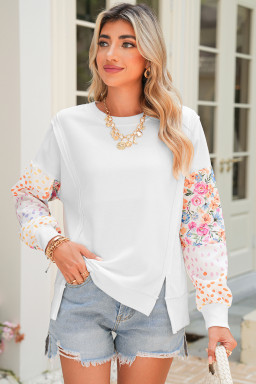 White Floral Dotted Print Patchwork Sleeve High Low Sweatshirt