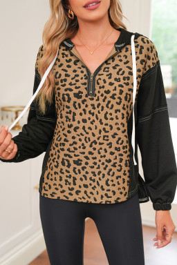 Brown Leopard Patchwork Quarter Zip Hoodie