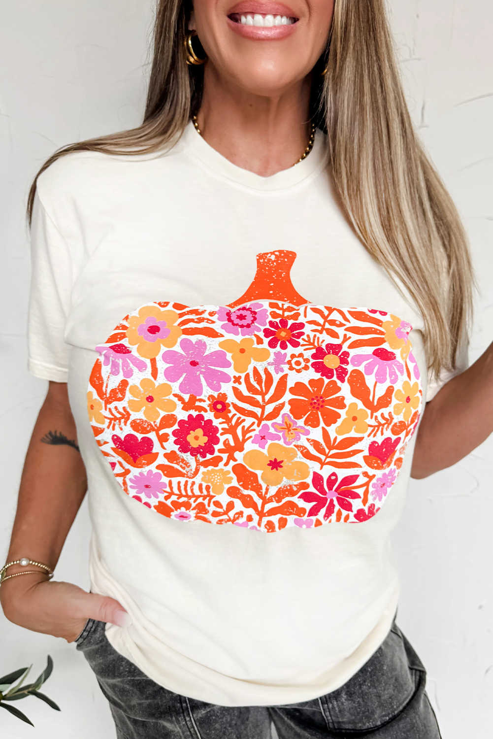 White Floral Pumpkin Heat Transfer Printing Graphic Tee
