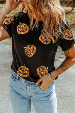 Black Halloween Sequin Pumpkin Face Graphic T Shirt