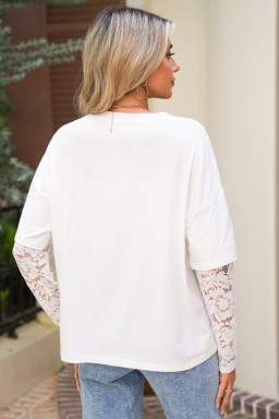 White Fake Two-Piece Lace Long Sleeve Drop Shoulder Tee