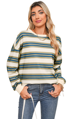 Khaki Striped Crew Neck Drop Shoulder Pullover Sweatshirt