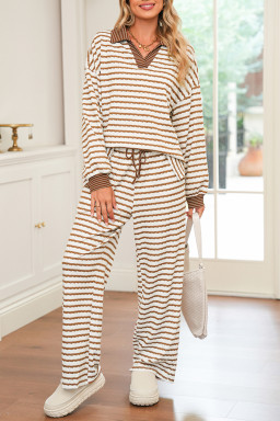 Khaki Stripe Textured Collared Pullover Top and Drawstring Pants Set