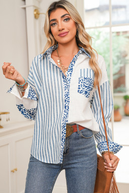 Sky Blue Leopard Striped Patchwork Button-up Shirt Shacket