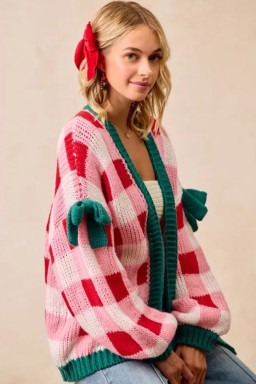 Pink Colorblock Checkered Open Front Knit Cardigan