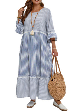 Sky Blue Crisscross Lace Detail Mixed Striped Patchwork Plus Size Dress
