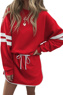 Fiery Red Varsity Stripe Detail Drop Shoulder Pullover Mini Skort Set