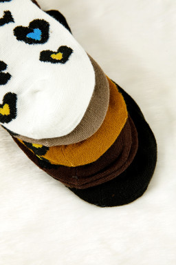 Bristol Black 5 Pairs Ribbed Trim Heart Leopard Print Socks