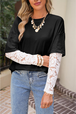 Black Fake Two-Piece Lace Long Sleeve Drop Shoulder Tee