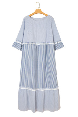 Sky Blue Crisscross Lace Detail Mixed Striped Patchwork Plus Size Dress