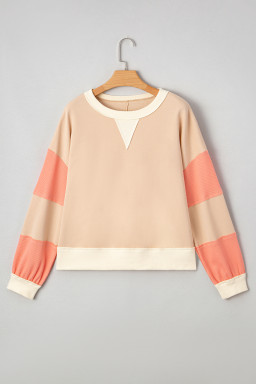 Light French Beige Waffle Textured Patchwork Pullover Sweatshirt