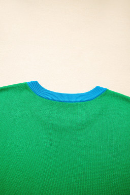 Green Contrast Trim Round Neck Short Sleeve Loose Knit Top