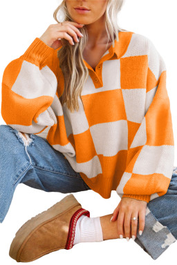 Grapefruit Orange Checkered V-Neck Collared Pullover Sweater