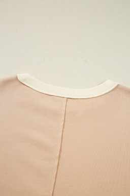 Light French Beige Waffle Textured Patchwork Pullover Sweatshirt