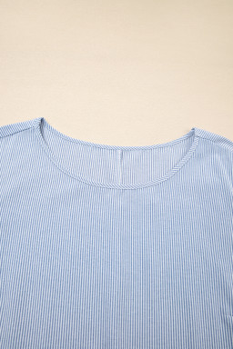 Sky Blue Crisscross Lace Detail Mixed Striped Patchwork Plus Size Dress