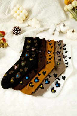 Bristol Black 5 Pairs Ribbed Trim Heart Leopard Print Socks