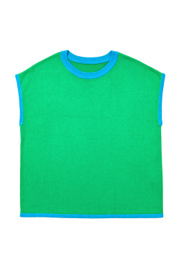 Green Contrast Trim Round Neck Short Sleeve Loose Knit Top