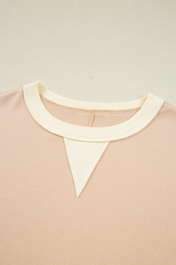 Light French Beige Waffle Textured Patchwork Pullover Sweatshirt