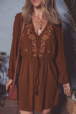 Burgundy Floral Embroidered Tassel Tie Waist Long Sleeve Mini Dress