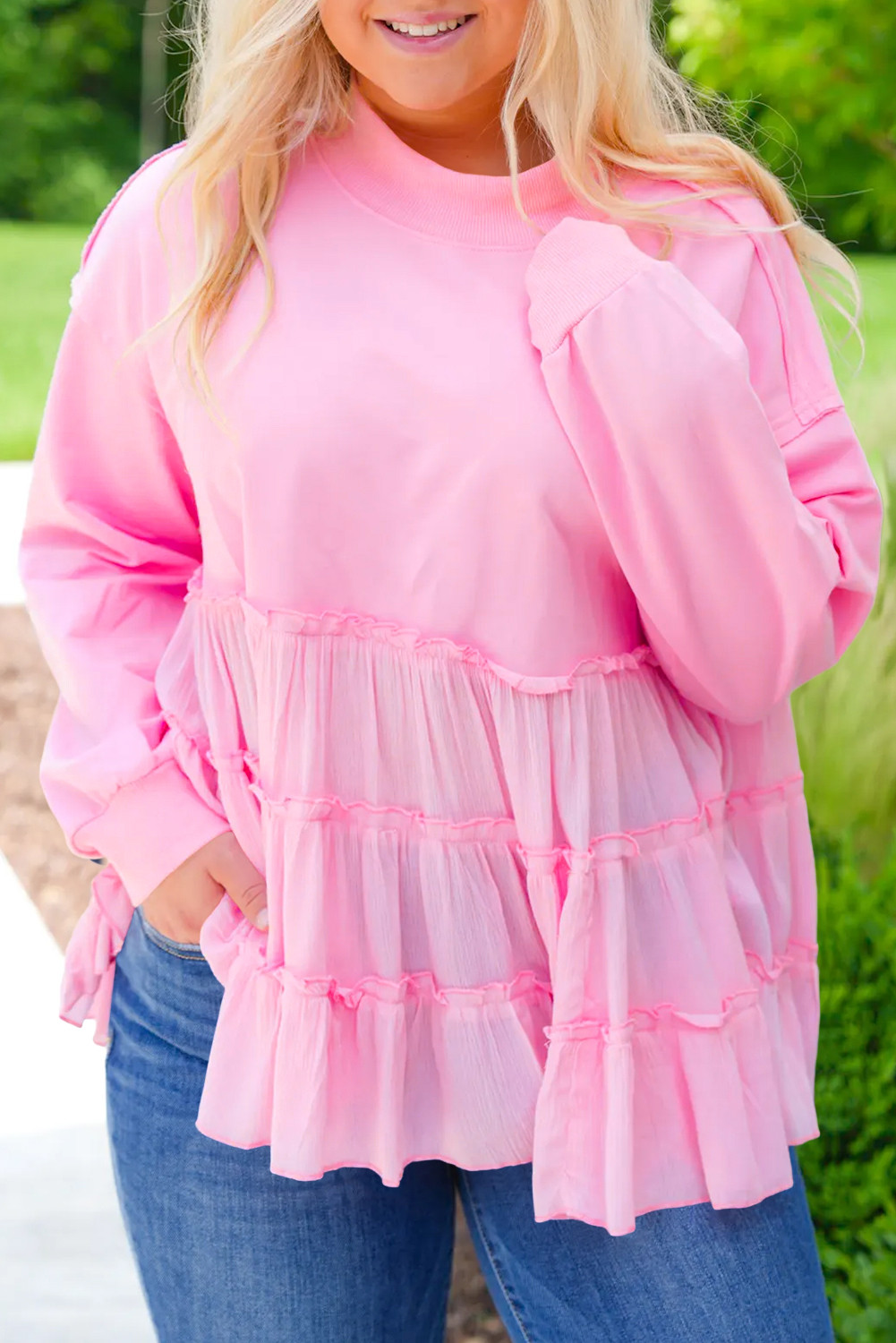 Pink Frill Tiered Patchwork Ribbed Trim Flowy Plus Size Top