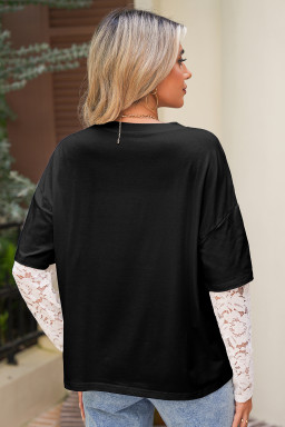Black Fake Two-Piece Lace Long Sleeve Drop Shoulder Tee