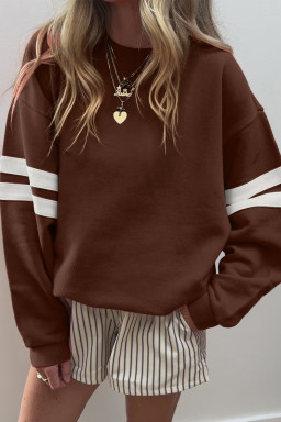 Coffee Preppy Striped Sleeve Loose Sweatshirt