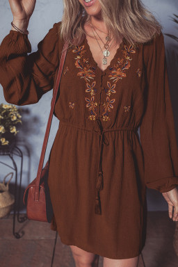 Burgundy Floral Embroidered Tassel Tie Waist Long Sleeve Mini Dress
