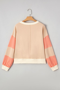 Light French Beige Waffle Textured Patchwork Pullover Sweatshirt
