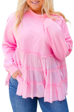 Pink Frill Tiered Patchwork Ribbed Trim Flowy Plus Size Top