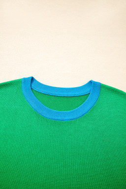 Green Contrast Trim Round Neck Short Sleeve Loose Knit Top