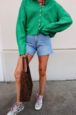 Bright Green Solid Color Button Drop Shoulder Knit Cardigan