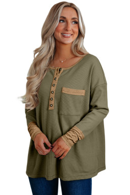 Vineyard Green Waffle Textured Patchwork Tunic Henley Top