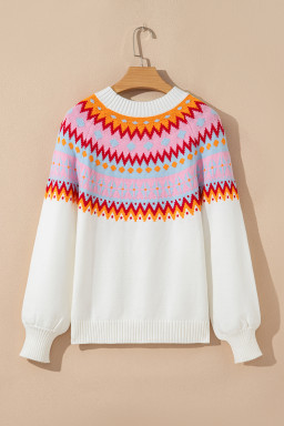 White Ethnic Geometric Colorblock Pattern Drop Shoulder Sweater