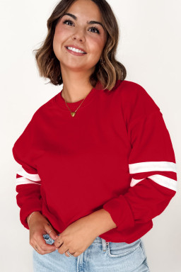 Fiery Red Varsity Striped Detail Plus Size Round Neck Sweatshirt