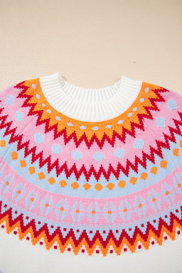 White Ethnic Geometric Colorblock Pattern Drop Shoulder Sweater