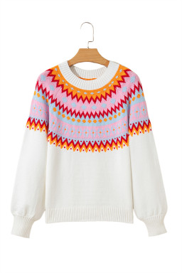White Ethnic Geometric Colorblock Pattern Drop Shoulder Sweater