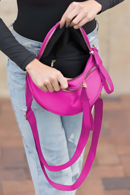 Bright Pink Strap Double Zipper Crossbody Bag
