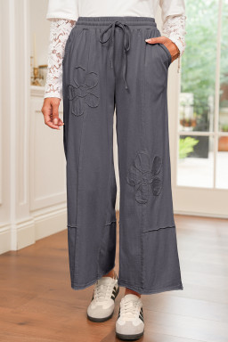 Light Grey Flower Patch Mineral Washed Cropped Wide Leg Pants