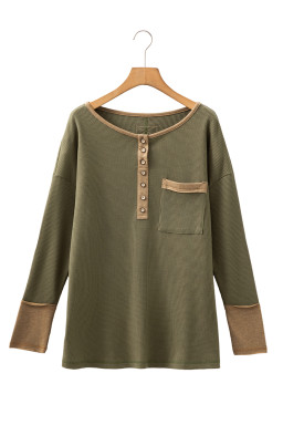 Vineyard Green Waffle Textured Patchwork Tunic Henley Top