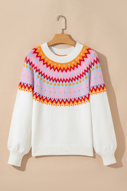 White Ethnic Geometric Colorblock Pattern Drop Shoulder Sweater
